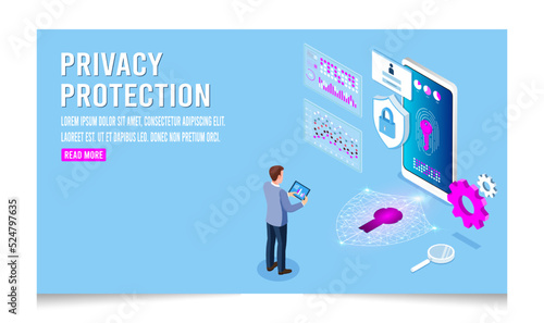 3D isometric Privacy and Data protection concept with hero protect data and confidentiality, Online file server protection system, Secure information transfer. Eps10 vector illustration