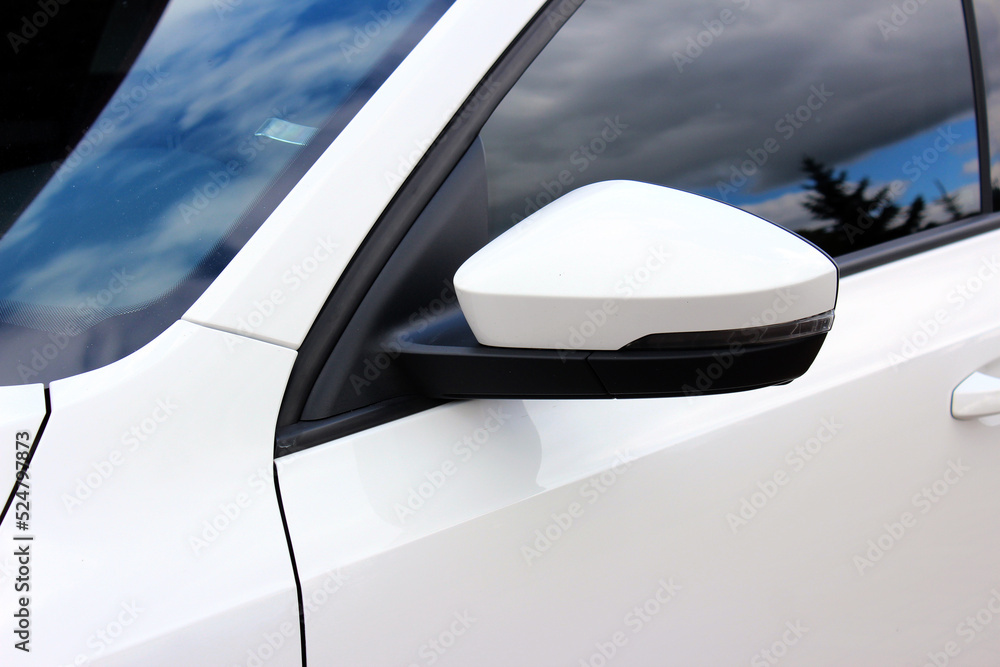 White side mirror car. Back view. Rear-view mirror moder car. Side rearview mirror on a modern car. 
