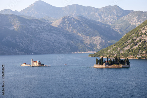 Kotor, Montenegro - July 18, 2022: Our Lady of the Rocks and Saint George Islands in the fjord en route to Kotor, Montenegro 