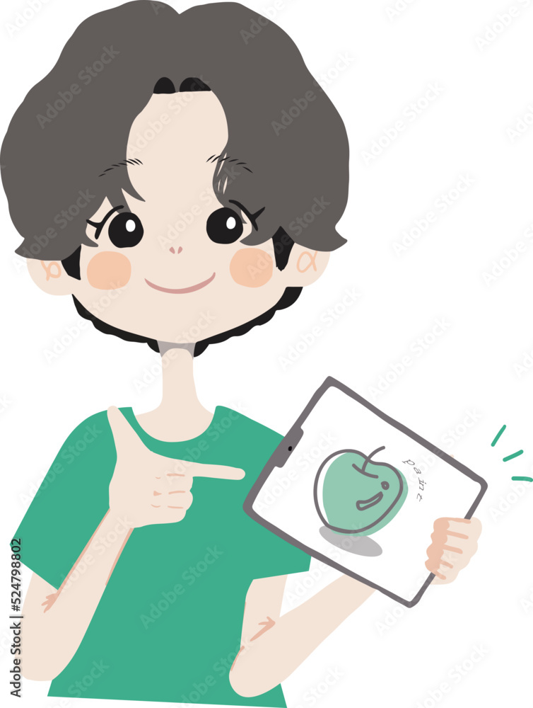 ipad(タブレット)を持って、おすすめのお絵描きアプリを紹介している女の子のイラスト