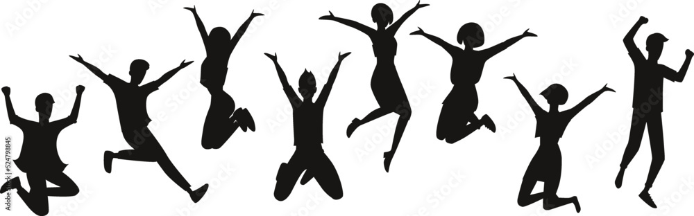  Happy people young guys girls jumping isolated Vector Silhouettes