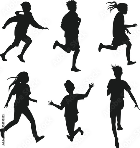 Happy school kids holiday set running jumping isolated Vector Silhouettes