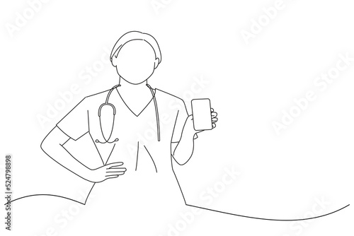 Cartoon of healthcare workers and online medicine doctor, nurse in scrubs showing smartphone screen showing internet appointment app. Line art style