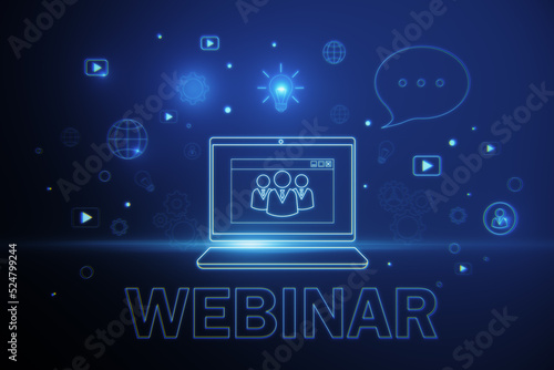 Glowing webinar hologram on blurry background. Online education and technology concept. 3D Rendering.