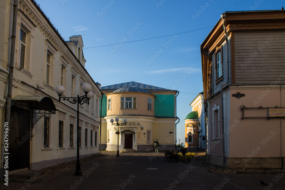 Vladimir, Russia - AUGUST, 17, 2022: the historic building of the old pharmacy in the alley of the historical part of the city on a sunny summer day