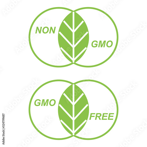 Label for GMO Free and Non-GMO organic food. Non genetically modified organism emblem with stylized green leave symbol. Vector isolated product package icon design.
