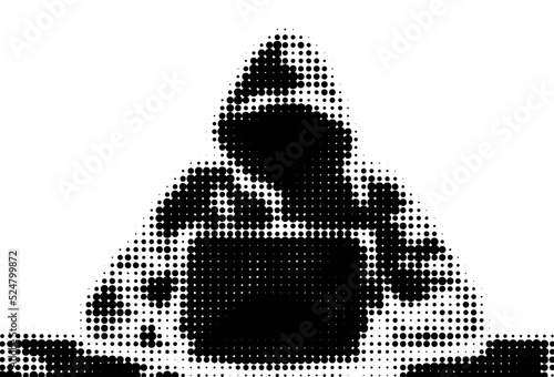 Hacker with laptop. Halftone vector illustration on hacking, computer security, programming, coding, nets, viruses, cyber protection themes.
