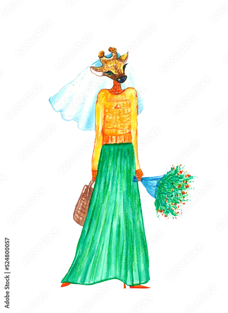 Watercolor image of a giraffe girl. Fashionable design for postcards, book illustration, print prints.