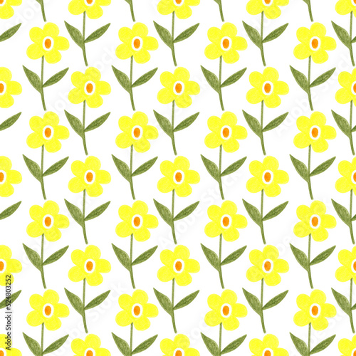 Seamless pattern with yellow daisy flowers. Hand-drawn illustrations made with colored pencils in the doodle style. Summer simple floral texture on a white background, isolated. For wrapping paper.