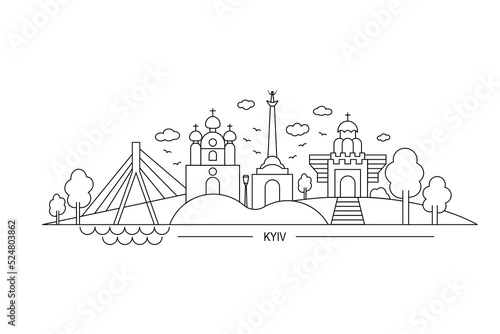 Panorama of Kyiv, main sights of the capital of Ukraine, flat vector, isolate on white, line art