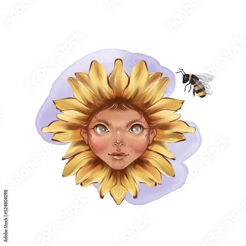 Stylized Illustration, Flower Girl Portrait, Botanic, Character, Postcard
