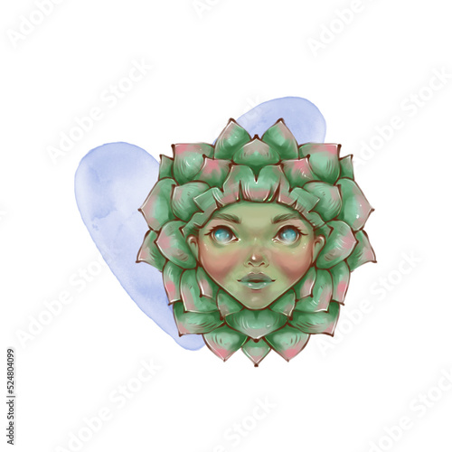 Stylized Illustration, Flower Girl Portrait, Botanic, Character, Postcard