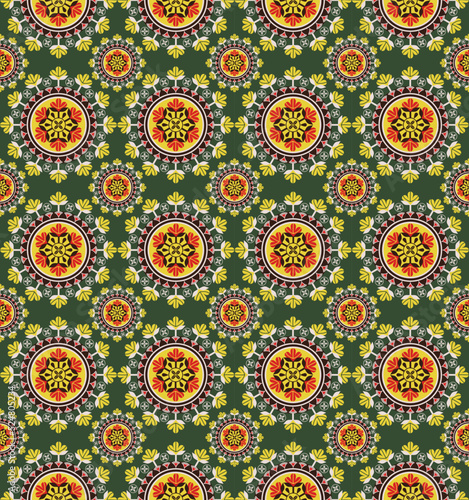 Vector African ethnic circle flower shape seamless pattern colorful green background. Use for fabric, textile, interior decoration elements, upholstery, wrapping.