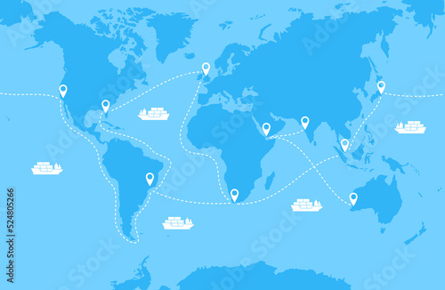 Blue world map with white ships and sea transport routes. Vector illustration