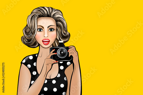 Drawn girl in pop art style with a camera in her hands and a surprised face isolated on a yellow background.