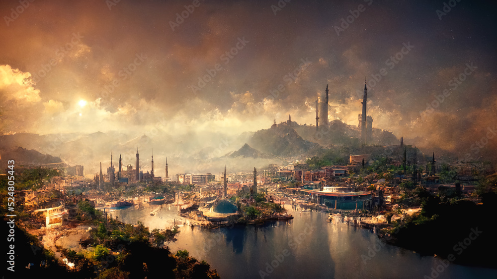Fototapeta premium The City of Alanya in 100 years. Futuristic landscape illustration, based on ai-generated image