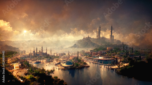 The City of Alanya in 100 years. Futuristic landscape illustration  based on ai-generated image
