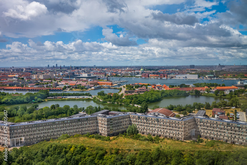 Copenhagen canals and city view. Danish rooftops cityscape.