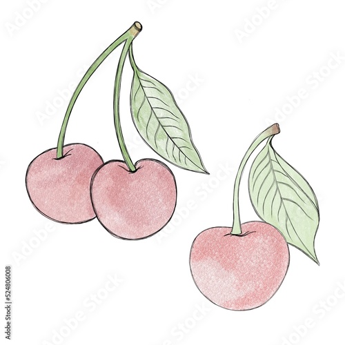 Juicy ripe cherries close-up watercolor drawing