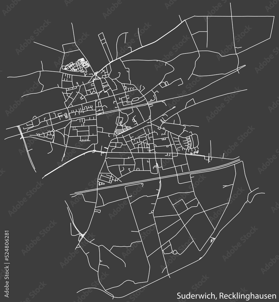 Detailed negative navigation white lines urban street roads map of the SUDERWICH DISTRICT of the German regional capital city of Recklinghausen, Germany on dark gray background