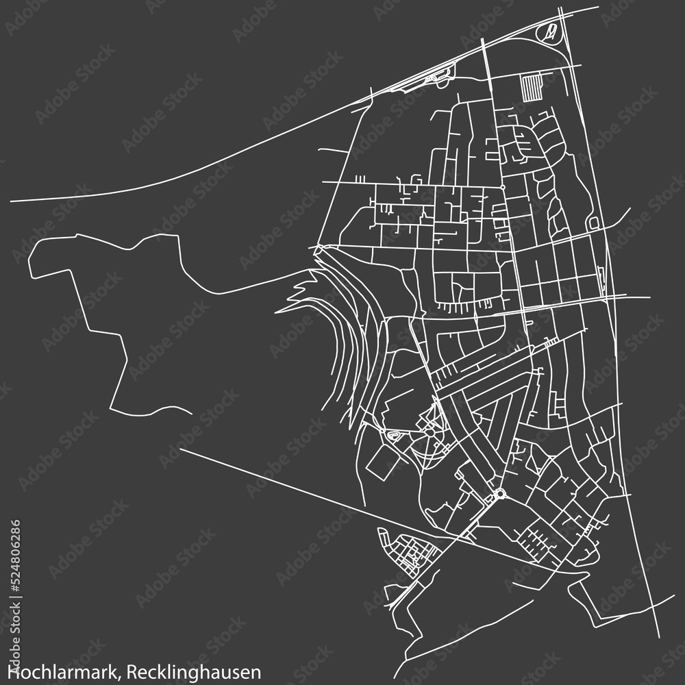 Detailed negative navigation white lines urban street roads map of the HOCHLARMARK DISTRICT of the German regional capital city of Recklinghausen, Germany on dark gray background