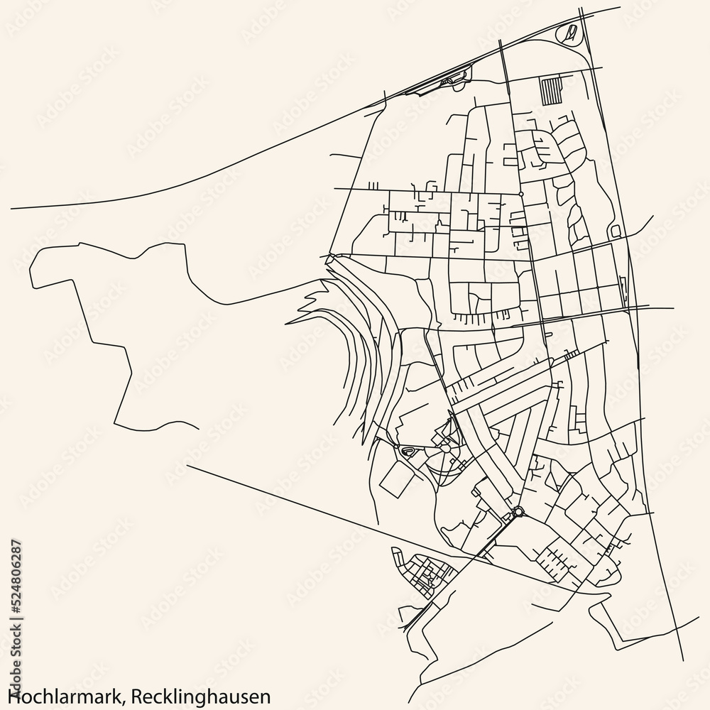 Detailed navigation black lines urban street roads map of the HOCHLARMARK DISTRICT of the German regional capital city of Recklinghausen, Germany on vintage beige background