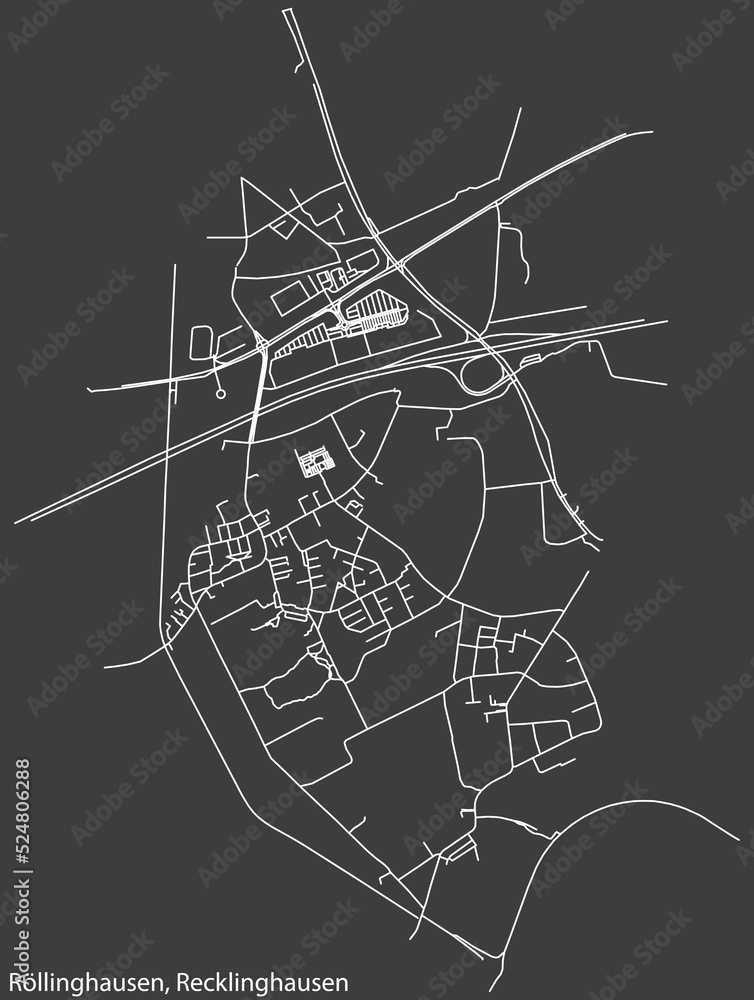 Detailed negative navigation white lines urban street roads map of the RÖLLINGHAUSEN DISTRICT of the German regional capital city of Recklinghausen, Germany on dark gray background