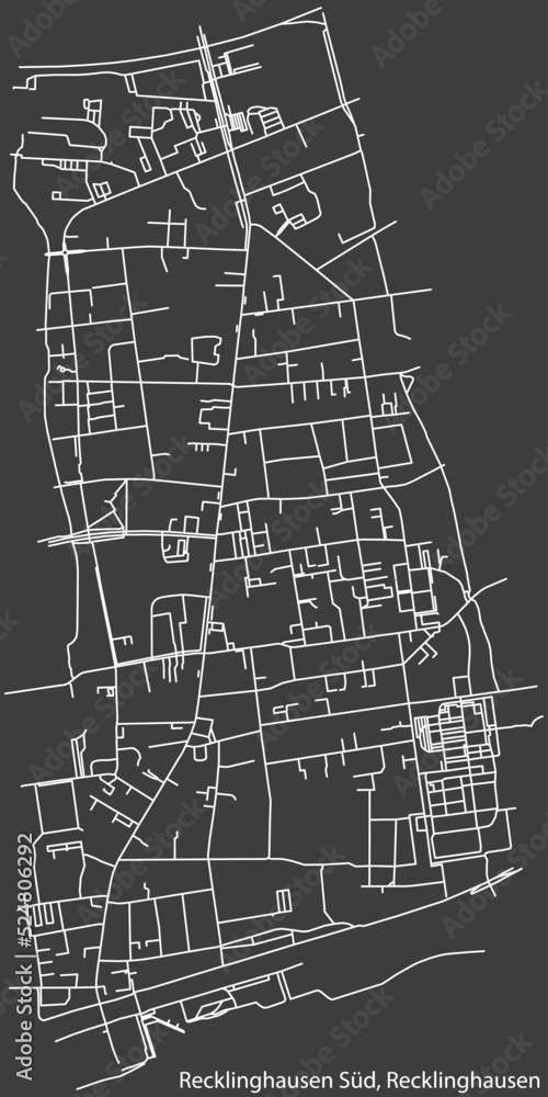 Detailed negative navigation white lines urban street roads map of the RECKLINGHAUSEN SÜD DISTRICT of the German regional capital city of Recklinghausen, Germany on dark gray background