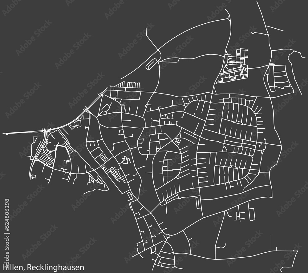 Detailed negative navigation white lines urban street roads map of the HILLEN DISTRICT of the German regional capital city of Recklinghausen, Germany on dark gray background