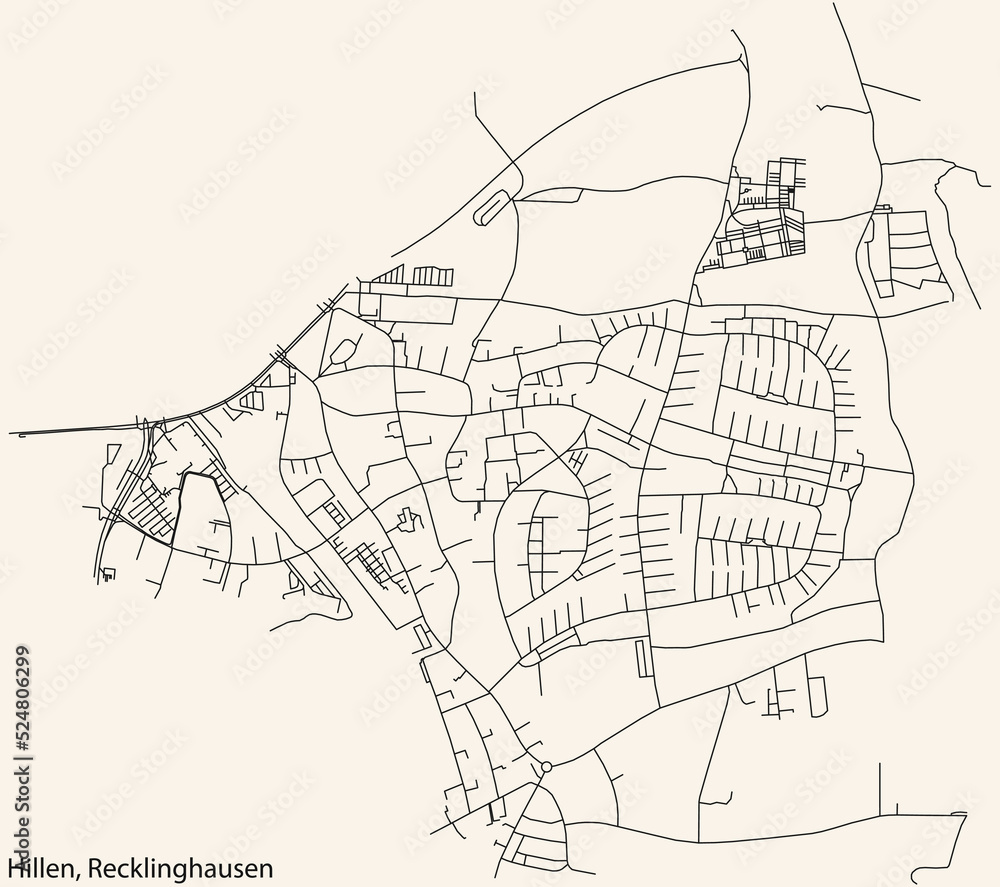 Detailed navigation black lines urban street roads map of the HILLEN DISTRICT of the German regional capital city of Recklinghausen, Germany on vintage beige background