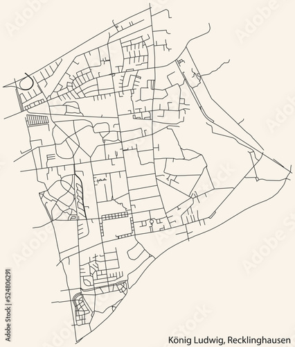 Detailed navigation black lines urban street roads map of the K  NIG LUDWIG DISTRICT of the German regional capital city of Recklinghausen  Germany on vintage beige background