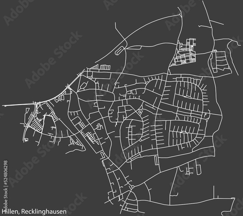 Detailed negative navigation white lines urban street roads map of the HILLEN DISTRICT of the German regional capital city of Recklinghausen, Germany on dark gray background