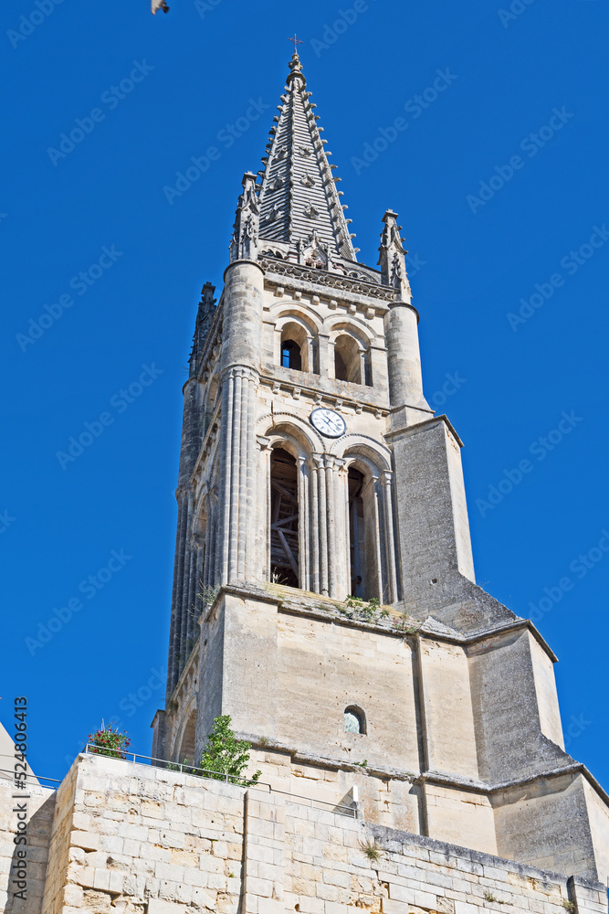 The bell tower of the twelfth century monolithic church in St. Emilion, France.