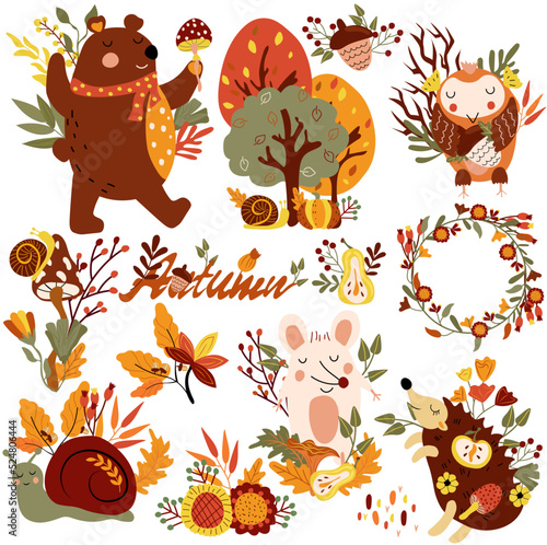 Autumn set, cute wodland animals and elements autumn, cute mouse, a funny owl, hedgehog, colored trees, autumn leaves, mushrooms. Perfect for web, harvest festival, banner, card and Thanksgiving.