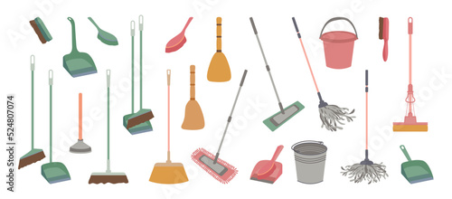 Set of equipment for cleaning, disinfection, washing floor, removing dust. Vector illustration isolated on white background. Cleaning service concept. Housework, household chores. Flat cleaning items.