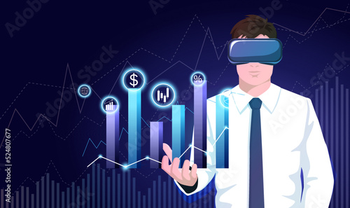 Businessman in vr glasses holds in hand market data, forex stocks, finance graphs, bars. Office manager, trader working with infographics in virtual reality. Finance analytics job. Vector illustration