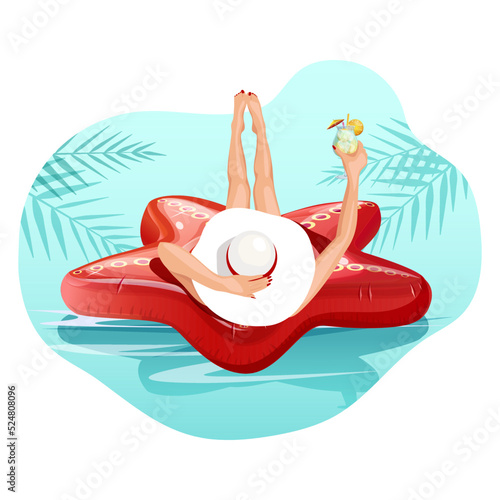 Young woman in white hat on inflatable swimming circle in the shape of star. Girl with beautiful legs, drinking cocktail in water pool, sea, hotel beach, ocean. Summer time relax. Vector illustration