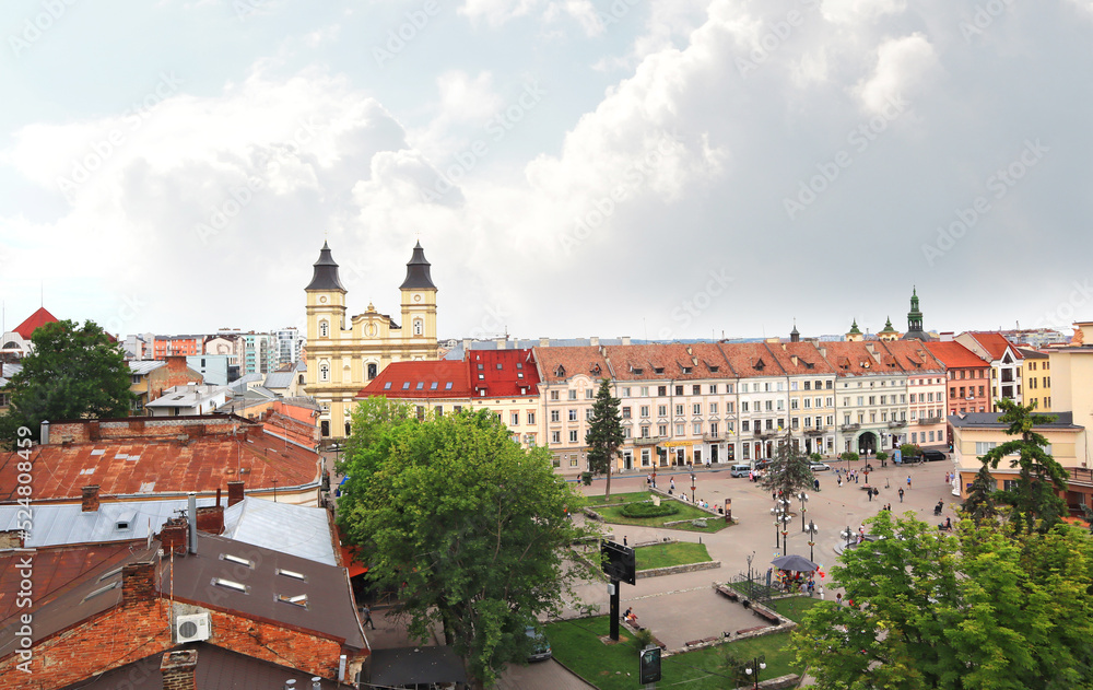 Panorama city with Rynok Square and Cathedral of the Resurrection of Christ in Ivano-Frankivsk, Ukraine Panorama city with Rynok Square and Cathedral of the Resurrection of Christ in Ivano-Frankivsk, Ukraine