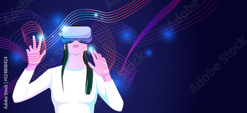 Woman in headset, glasses painting colorful lines by fingers in virtual reality world, space, universe. Digital technologies abstract hologram. Experience of augmented interactive. Vector illustration