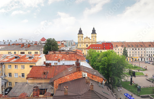 Panorama city with Rynok Square and Cathedral of the Resurrection of Christ in Ivano-Frankivsk, Ukraine	
