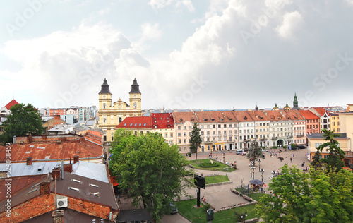 Panorama city with Rynok Square and Cathedral of the Resurrection of Christ in Ivano-Frankivsk, Ukraine