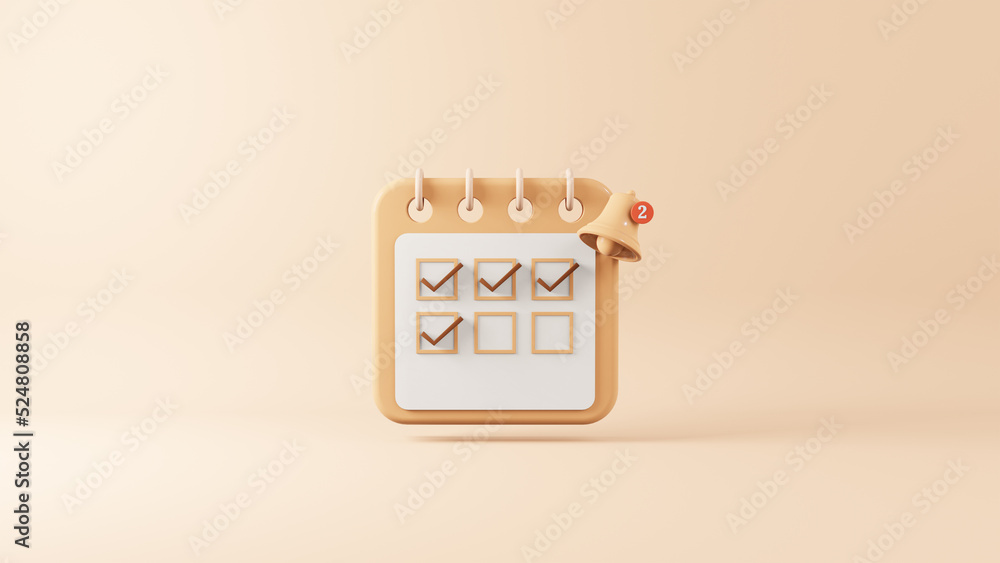 3D calendar with check mark box and bell notification. Concept of ...