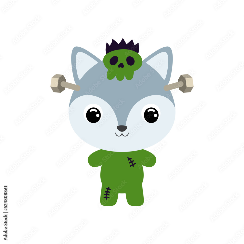 Cute little Halloween wolf in a Frankenstein costume. Cartoon animal character for kids t-shirts, nursery decoration, baby shower, greeting card, invitation. Vector stock illustration