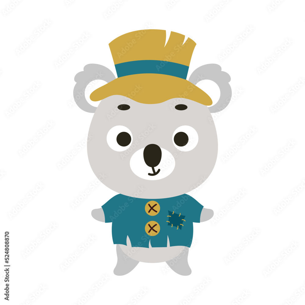 Cute little Halloween koala in a scarecrow costume. Cartoon animal character for kids t-shirts, nursery decoration, baby shower, greeting card, invitation, house interior. Vector stock illustration Cute little Halloween koala in a scarecrow costume. Cartoon animal character for kids t-shirts, nursery decoration, baby shower, greeting card, invitation, house interior. Vector stock illustration