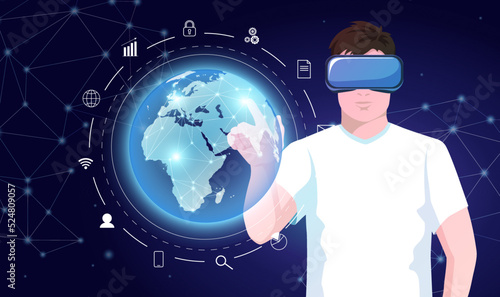 Man in vr glasses with hologram of planet earth. Augmented concept virtual reality world from space. Digital technology global network metaverse. Blockchain crypto cyber universe. Vector illustration
