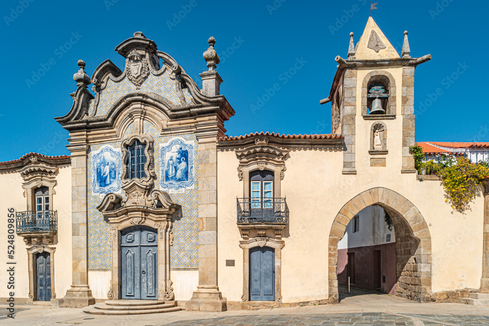 Misericórdia Chapel has a baroque façade covered with tiles. Sao Joao de Pesqueira, Douro Valley, Portugal.