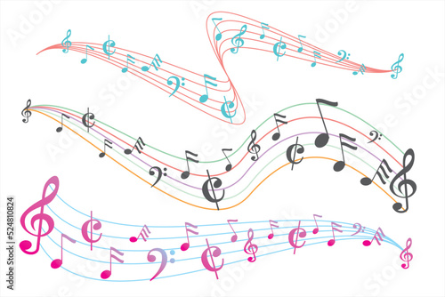 Sound waves. Music notes for music background. Collection of pentagram with musical notes