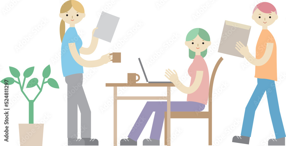 オフィスで女性上司の元に集まる男女のイラスト オフィスで女性上司の元に集まる男女のイラスト