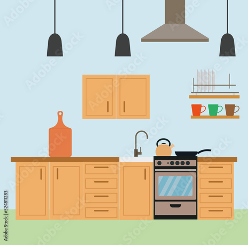 Kitchen interior with furniture and stove. With exhaust ventilation and dishes. Flat vector illustration.