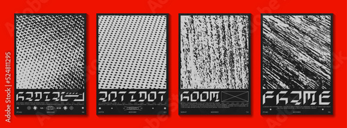 Abstract poster with grunge textures. In techno style, a set of trendy retro posters. Isolated on black background